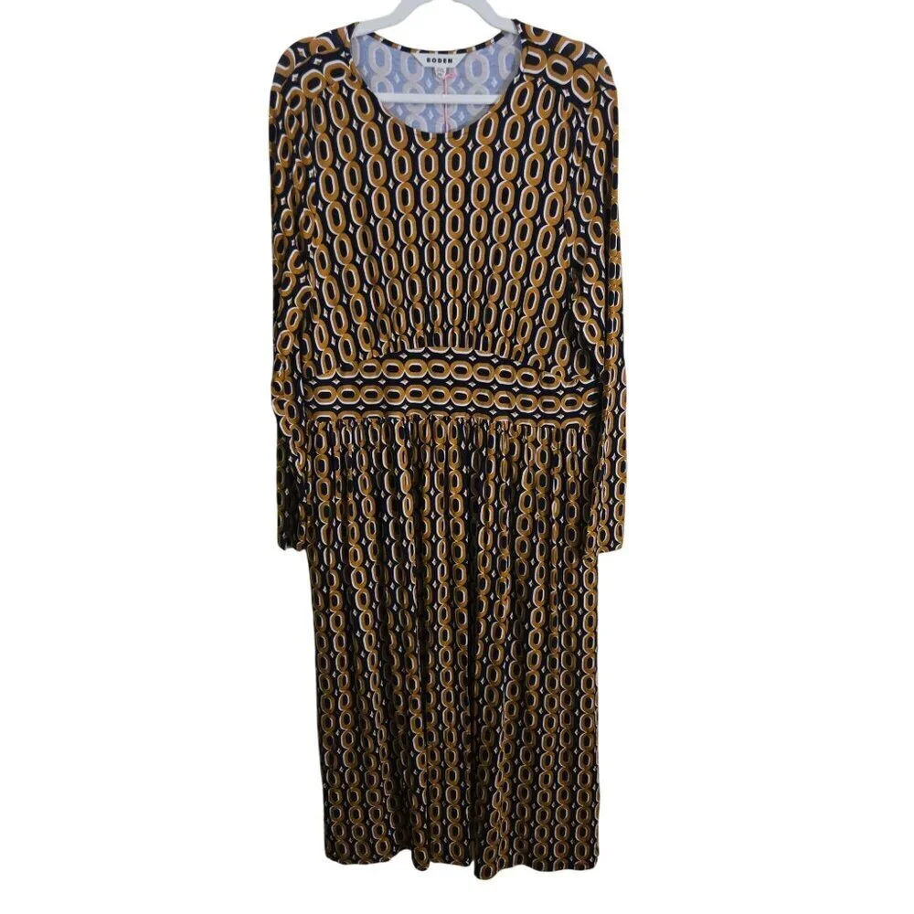 Boden NWT Thea Long Sleeve Jersey Dress Ochra Chain Midi Size 16-18R